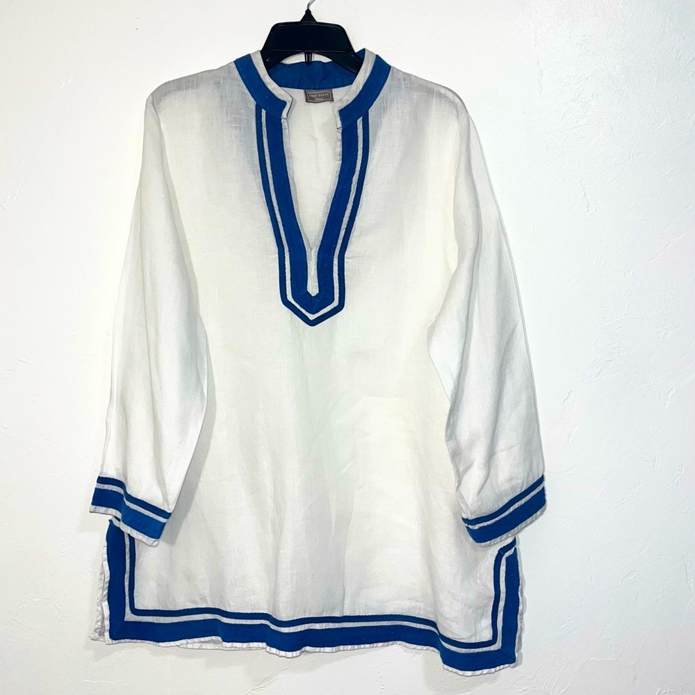 Sabby Anand White Linen Tunic Top 1X Blue Trim V-Neck Boho